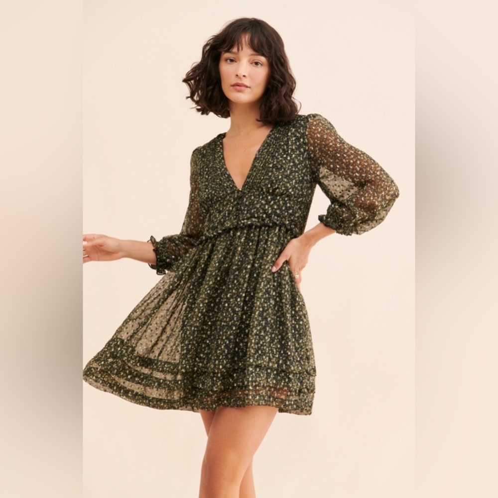 Urban Outfitters Chiffon Metallic Green/Black/Gold Long Sleeve Dress